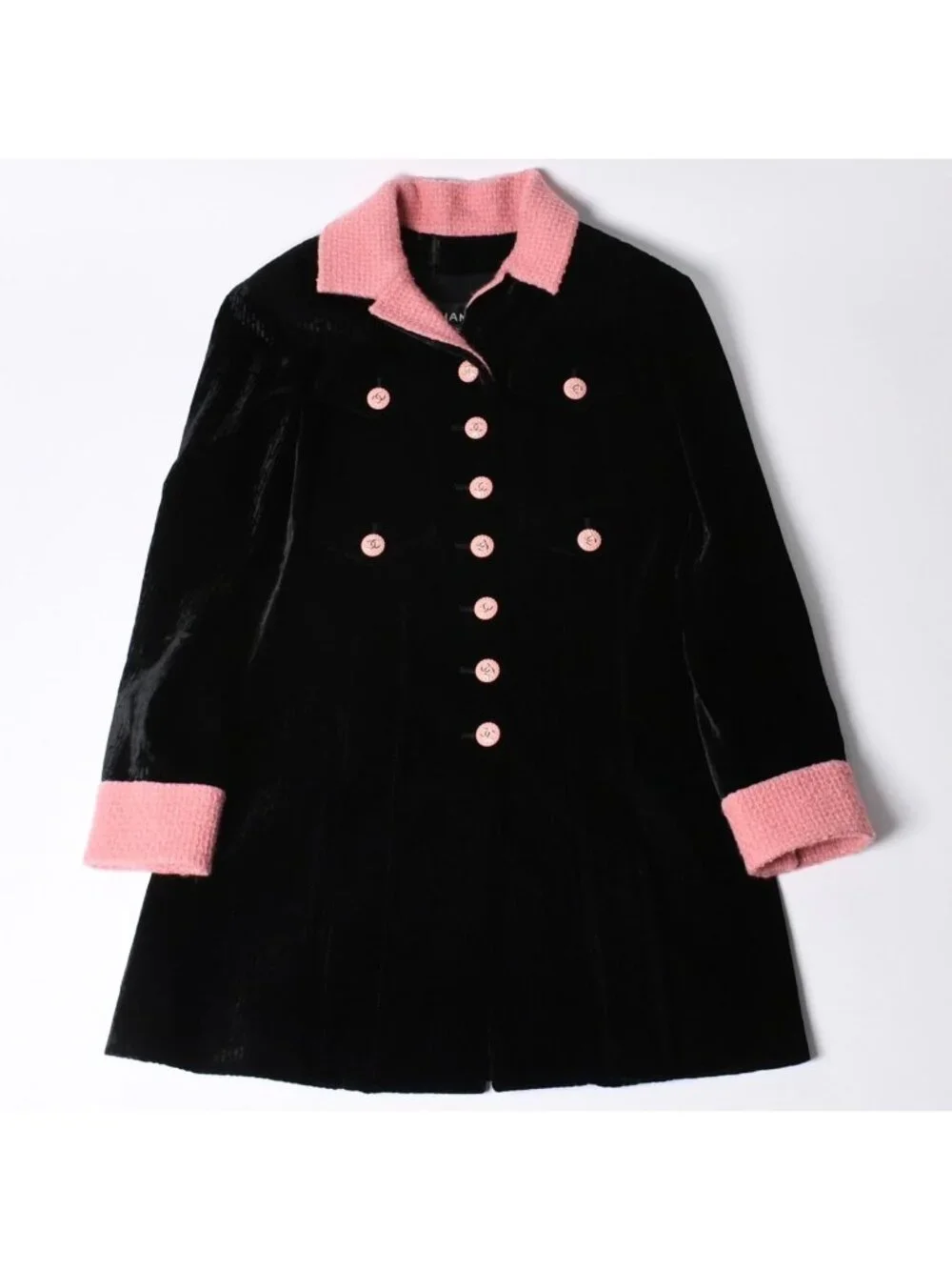 Chanel Long Coat CC Logo Corduroy Tweed Black Pink 36